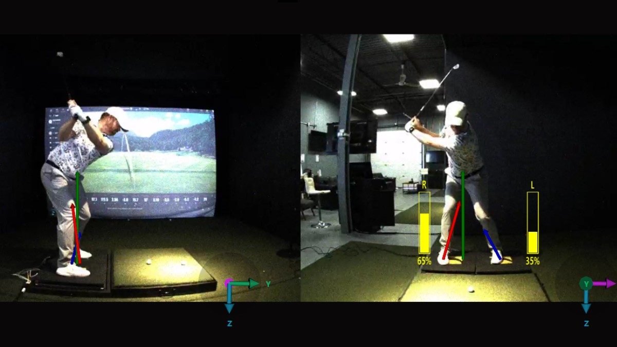 Live force vector overlay showing pressure percentages during a swing